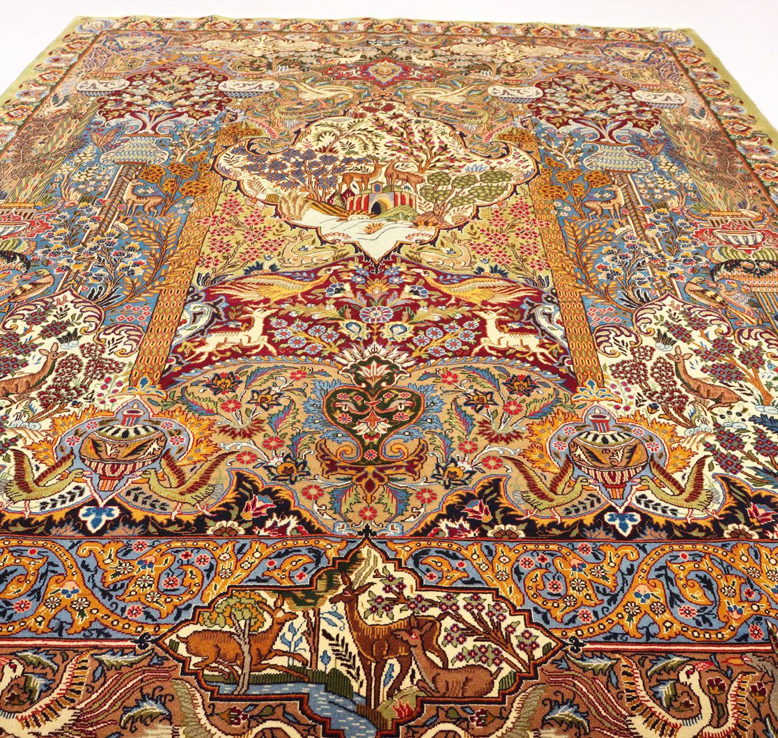 A close-up view of a Persian rug showcasing intricate and detailed patterns, including geometric shapes and floral motifs, in rich and vibrant colors, Timeless appeal of Persian rugs.