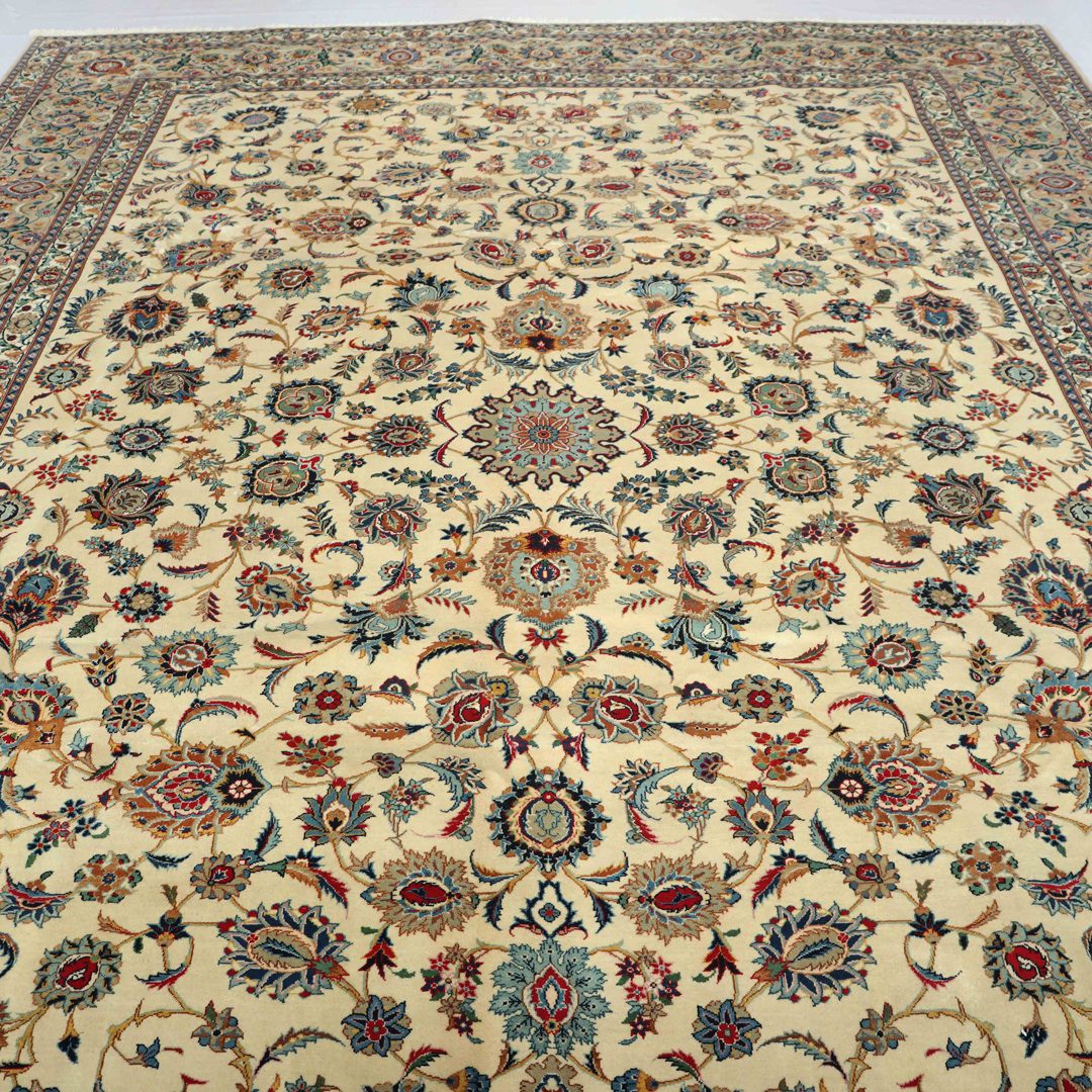 Skilled artisans weaving a Persian rug on a loom using traditional techniques and tools, showcasing the art and craftsmanship of Persian rug making.